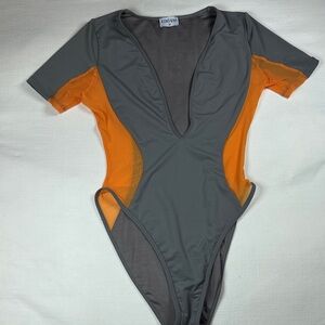 ICON SWIM Gray & Orange Deep V One-Piece Swimsuit